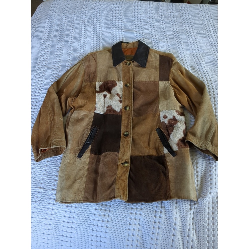 Vtg Express‎ Patchwork Leather Jacket Cow Women Brown Tan Sz Medium Zip Button